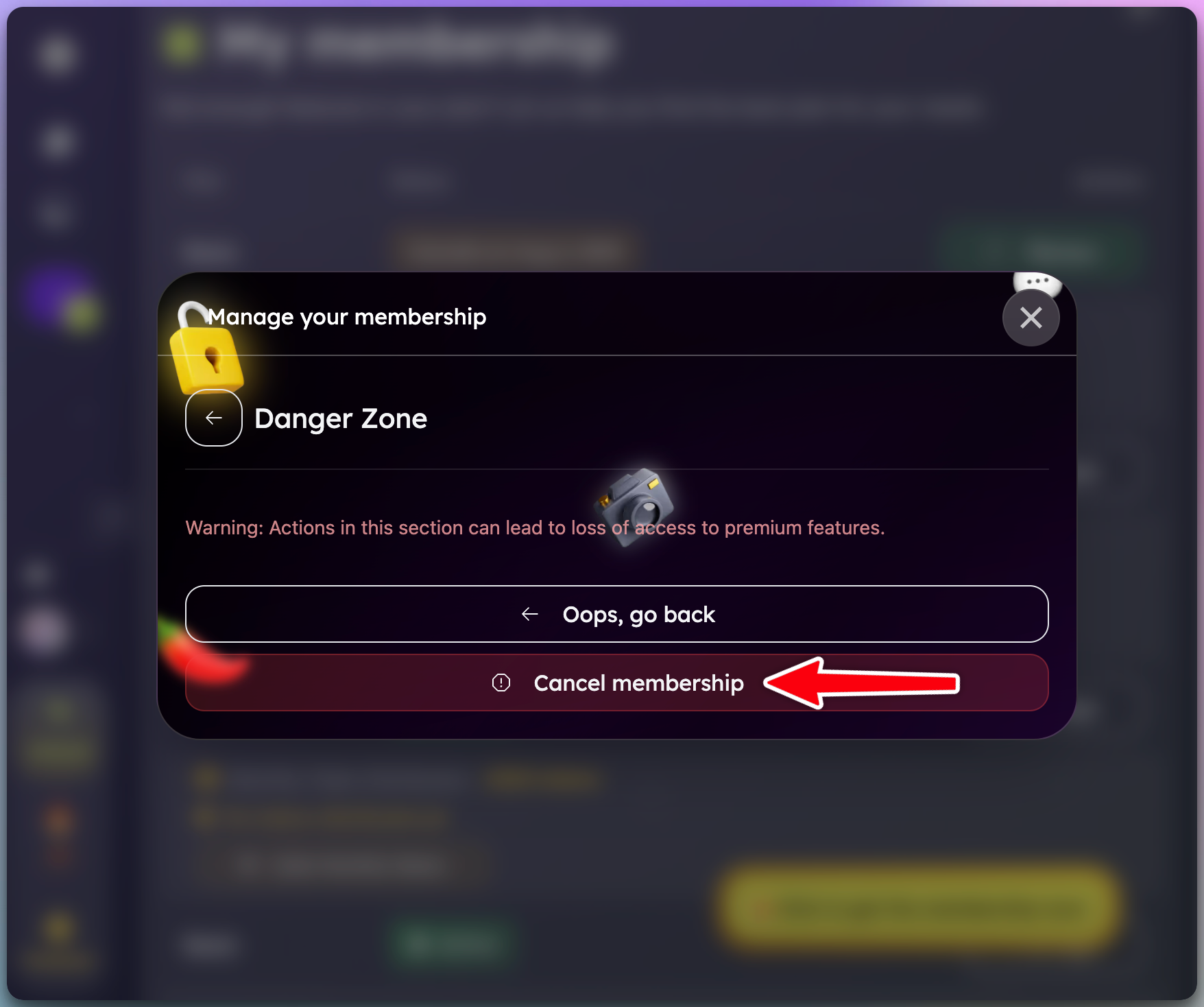 Desktop membership management screen showing membership details with a few options. The Cancel membership button has a red arrow pointing to it.
