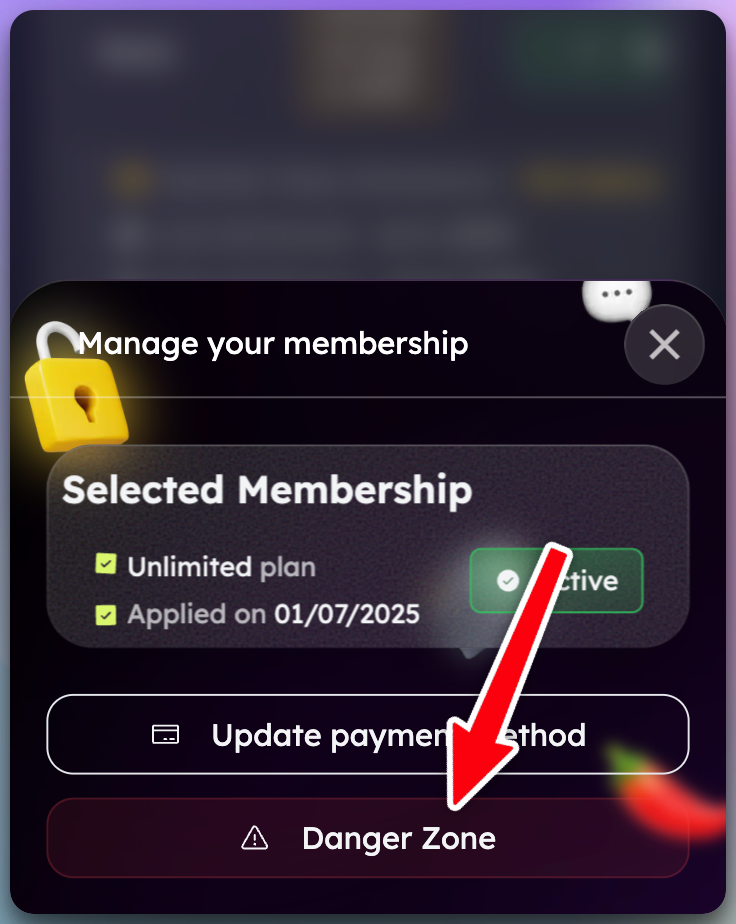 Mobile membership management screen showing membership details with a few options. The Danger Zone button has a red arrow pointing to it.