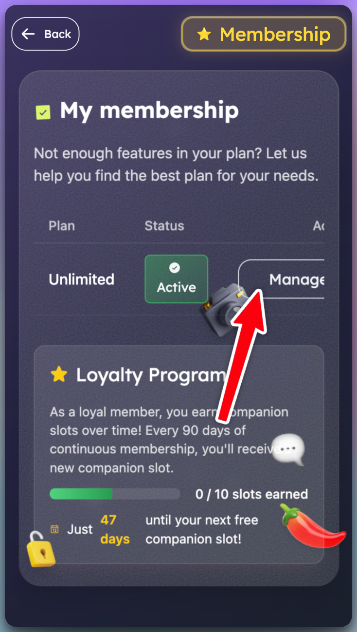 Mobile membership page showing an active membership card with details like plan name, status and a manage button. The Manage has a red arrow pointing to it.
