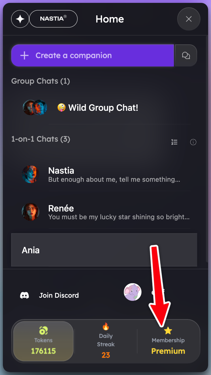 Mobile menu screen displaying various options including the Membership button at the bottom right highlighted with a red arrow indicating where to tap.